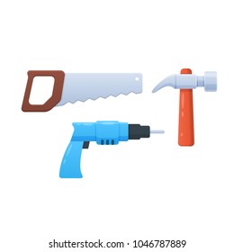 Colorful children's toys, tools, parts and equipment, for repair and construction in house. Kid's cartoon toys in form of saws for wood, drill, hammer with nails. Illustration isolated.
