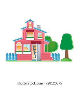 Colorful children's toys. Toy store, kindergarten, home kids games. Educational and sport games. Doll house with ground and fence around. Appearance of building, facade, interior. Vector illustration.