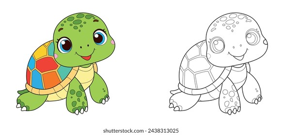 Colorful children's turtle in cartoon style. Black and white vector illustration for coloring books. Coloring book for children.