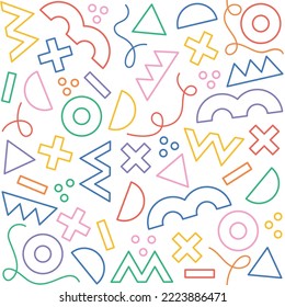 Colorful children's vector seamless pattern. Fun creative trendy background, fashion minimalist design wallpaper, simple flat geometric shapes, lines. Doodles for textile, print, cartoon 90's, cartoon