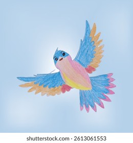 Colorful Child's Drawing of a Cartoon Bird Flying in the Sky   