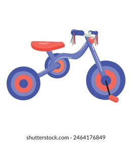 Colorful child's tricycle illustration with blue and red streamers and playful vector biking for kids' recreational fun and mobility