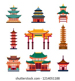 Colorful Chinese buildings, vector flat isolated illustration. China town traditional pagoda house. City architecture design elements.