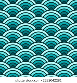 Colorful Chinese and Japanese seamless pattern. Traditional asian ornament, oriental New Year decoration. Modern blue background, geometric texture with waves. Vector illustration