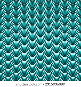 Colorful Chinese and Japanese seamless pattern. Traditional asian ornament, oriental New Year decoration. Modern blue background, geometric texture with waves. Vector illustration