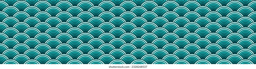 Colorful Chinese and Japanese seamless pattern. Traditional asian ornament, oriental New Year decoration. Modern blue background, geometric texture with waves. Vector illustration