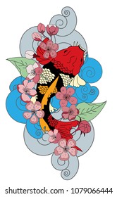 colorful Chinese koi carp tattoo design.Japanese carp with cherry blossom and lotus flower on cloud background.