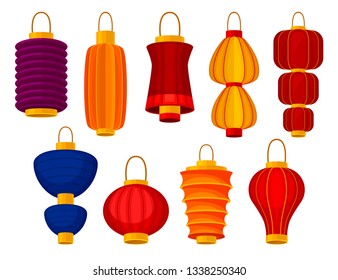 Colorful chinese lanterns on white background. Vector illustration.