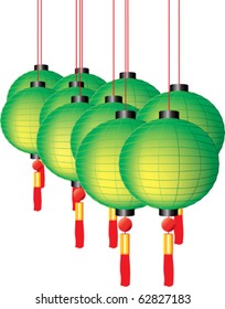 Colorful chinese lanterns with red tassels on white background
