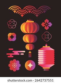 Colorful Chinese lanterns with traditional floral ornaments and abstract shapes in a modern gradient style on a black background. Concept of festive celebration. Vector illustration