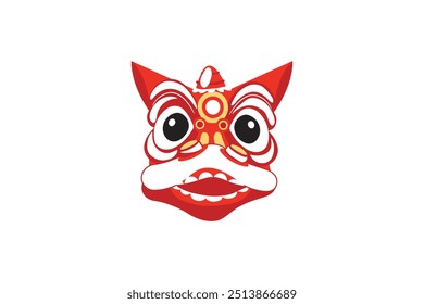 Colorful Chinese lion dance mask illustration with bold red and white details on a plain background