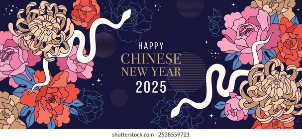 Colorful Chinese New Year background with lunar symbol of the snake. Traditional poster with peonies, chrysanthemums, snakes and linear flowers. Chinese modern vector design