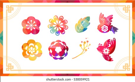 colorful chinese new year flower and bird elements