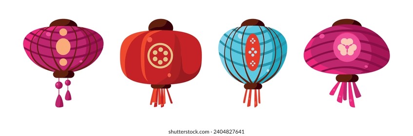 Colorful Chinese Paper Street Lanterns Hanging with Tassel Vector Set