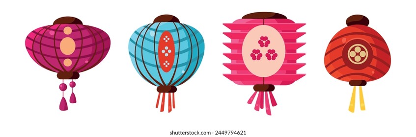 Colorful Chinese Paper Street Lanterns Hanging with Tassel Vector Set