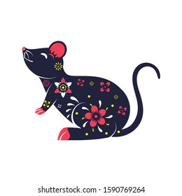 Colorful Chinese Rat Zodiac Sign on White Background.