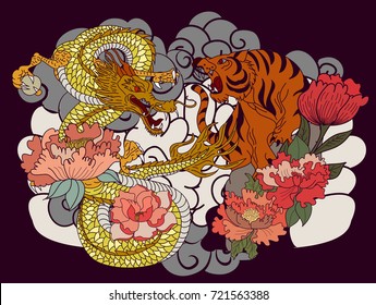 colorful Chinese tiger and Japanese dragon with flower and cloud vector illustration for tattoo style.Traditional Japanese culture for printing and coloring book on background.