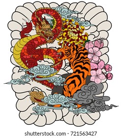 colorful Chinese tiger and Japanese dragon with flower and cloud vector illustration for tattoo style.Traditional Japanese culture for printing and coloring book on background.