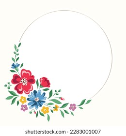 Colorful Chintz Romantic Meadow Wildflowers Vector Round Frame. Cottagecore Garden Flowers and Foliage Wedding Invitation. Homestead Bouquet. Farmhouse Background