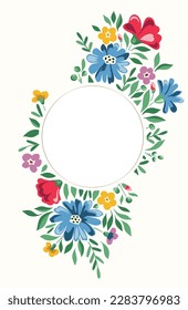 Colorful Chintz Romantic Meadow Wildflowers Vector Round Frame. Cottagecore Garden Flowers and Foliage Wedding Invitation. Homestead Bouquet. Farmhouse Background