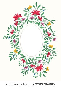Colorful Chintz Romantic Meadow Wildflowers Vector Vertical Oval Frame. Cottagecore Garden Flowers and Foliage Wedding Invitation. Homestead Bouquet. Farmhouse Background