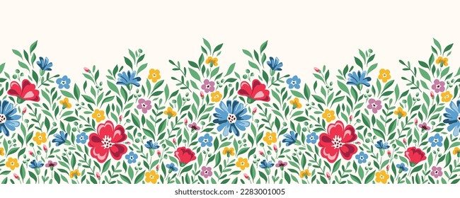 Farbenfrohe Chintz-Romantische Wiese WildblumenHorizontale Vektorgrafik nahtlose Muster-Grenze. Kernstück Gartenblumen und Blattdruck. Hausfrau Bouquet. Bauernhof-Hintergrund