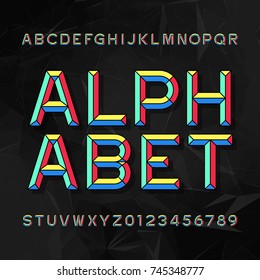 Colorful Chisel Alphabet Vector Font. Type Letters And Numbers. Dark Polygonal Background. Chiseled Block Typeface For Your Design.