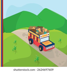 Colorida chiva en la carretera. Ilustración vectorial