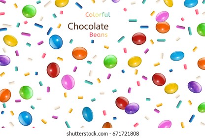 Colorful chocolate beans and rainbow jimmies scattering in the air, 3d illustration background isolated on white background