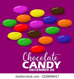 Colorful chocolate candies with bold text on dark purple background to celebrate Chocolate Candy Day on December 28