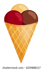Colorful chocolate creme brulee cherry ice cream cone. Summer comfort fast food vector illustration for gift card, flyer, certificate or banner, icon, logo, patch, sticker