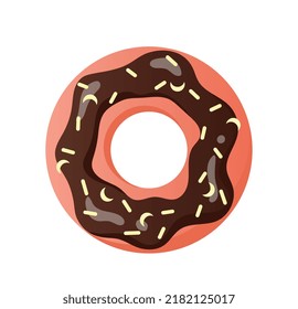 Colorful chocolate donut. Sweets in glaze, bakery and confectionery. Tasty, but harmful and junk food, sugar products, dessert and delicacy. Social media sticker. Cartoon flat vector illustration