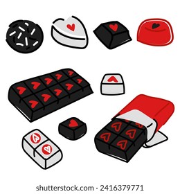 A colorful Chocolate of food set. This mouth-watering illustration shows chocolates on a white background. Vector flat doodle illustration. Black and red illustration for Valentine's Day