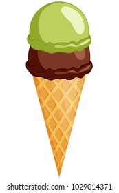 Colorful chocolate mint ice cream cone icon. Summer comfort fast food vector illustration for gift card, flyer, certificate or banner, icon, logo, patch, sticker