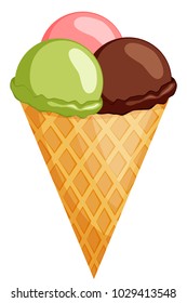 Colorful chocolate mint strawberry ice cream cone icon. Summer comfort fast food vector illustration for gift card, flyer, certificate or banner, icon, logo, patch, sticker