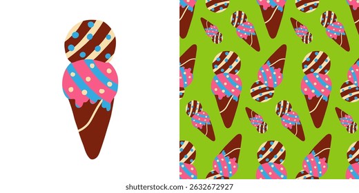 Colorful chocolate and strawberry ice cream cone illustration with polka dots and seamless pattern on bright green background, perfect for summer designs, kids products, and wrapping paper
