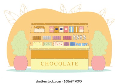 Colorful Chocolate and Sweets Flat Cartoon Vector Illustration. Candy Shop with Sweets, Cookies, Biscuits, Cake Pops. Tasty Desserts behind Counter. Selling Products in Small Store.