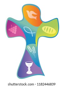 Colorful christian cross with chalice grapes bread and wheat ear