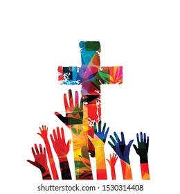 
Farbiges christliches Kreuz mit menschlichen Händen, einzelne Vektorgrafik. religiöser Hintergrund. Design für Christentum, Kirchengemeinde, Hilfe und Unterstützung, Gebet und Fürsorge