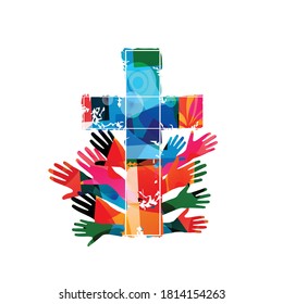 	
Colorful christian cross with human hands isolated vector illustration. Religion themed background. Design for Christianity, church charity, help and support, prayer and care