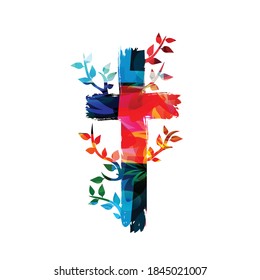 Colorful christian cross isolated vector illustration. Religion themed background. Design for Christianity, prayer and care, church charity, help and support