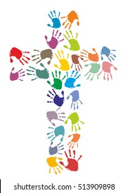 Colorful Christian cross made of hand prints