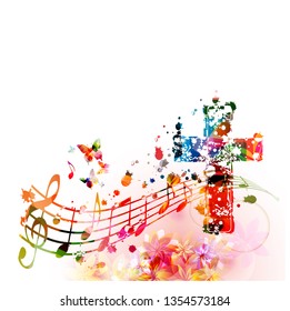Colorful christian cross with music notes isolated vector illustration. Religion themed background. Design for gospel church music, concert, festival, choir singing, Christianity, prayer