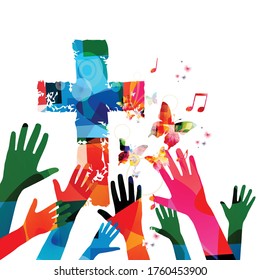 Colorful Christian Cross With Music Notes And Hands Isolated Vector Illustration. Religion Themed Background. Design For Gospel Church Music, Choir Singing, Concert, Festival, Christianity, Prayer