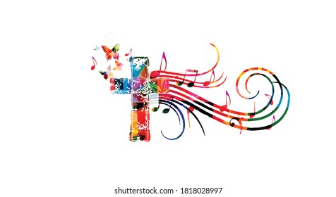 Colorful christian cross with music notes isolated vector illustration. Religion themed background. Design for gospel church music, choir singing, concert, festival, Christianity, prayer