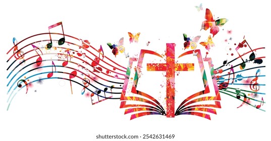 Colorful christian cross with music notes isolated vector illustration. Religion themed background. Design for gospel church music, choir singing, concert, festival, Christianity, prayer	