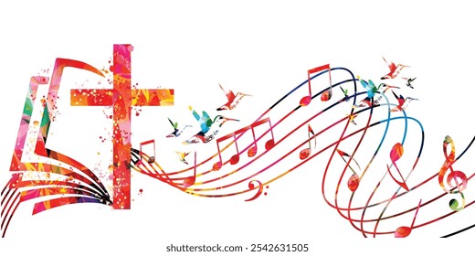 Colorful christian cross with music notes isolated vector illustration. Religion themed background. Design for gospel church music, choir singing, concert, festival, Christianity, prayer	