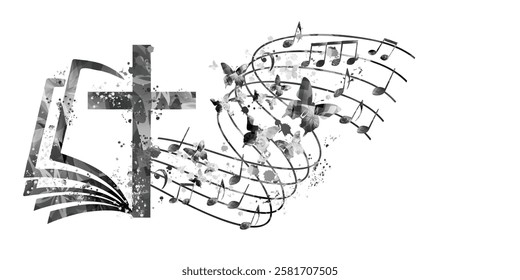 Colorful christian cross with music notes isolated vector illustration. Religion themed background. Design for gospel church music, concert, festival, choir singing, Christianity, prayer	