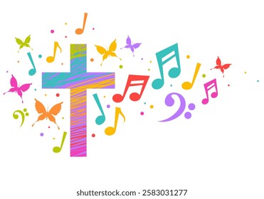 Colorful christian cross with music notes. Religion themed bright colorful background for gospel church music, choir singing, concert, festival, Christianity, prayer. Design with music notes, cross