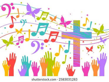 Colorful christian cross with music notes. Religion themed bright colorful background for gospel church music, choir singing, concert, festival, Christianity, prayer. Design with music notes, cross